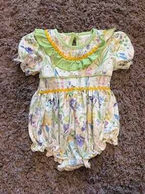 Sweet Floral Smocked Baby Romper with Green Ruffle